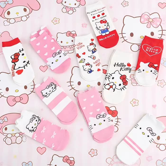 Sanrio 5 paires de chaussettes droites polyvalentes à motif de la série Hello Kitty, à la mode, douces et mignonnes, pour femmes, printemps/été