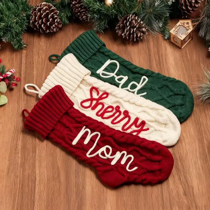 Un bas de Noël vintage personnalisé avec nom brodé et lettres personnalisables, parfait comme cadeau de Noël familial