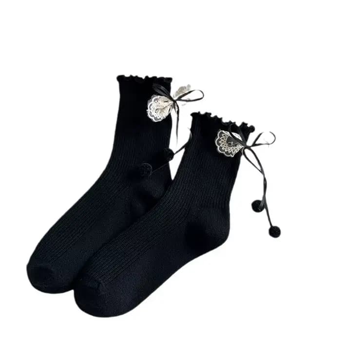 Chaussettes pour femmes respirantes printemps-été, mi-mollet, confortables, style vintage, avec nœud en dentelle, pour jeune fille, simples et tendance, effet bouclette