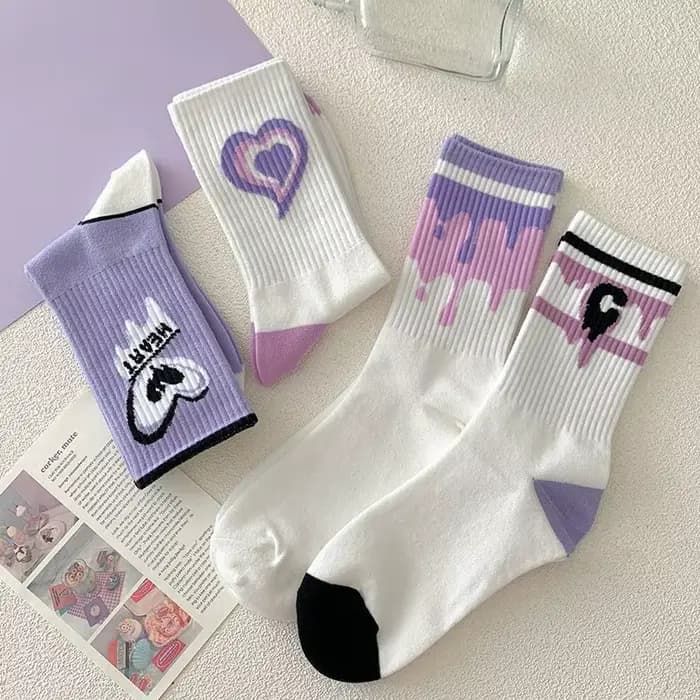 Kawaii Love Print Middle Tube Chaussettes pour femmes, Chaussettes violettes pour femmes, High Beauty, Fried Street, Harajuku Medias, Printemps, Été