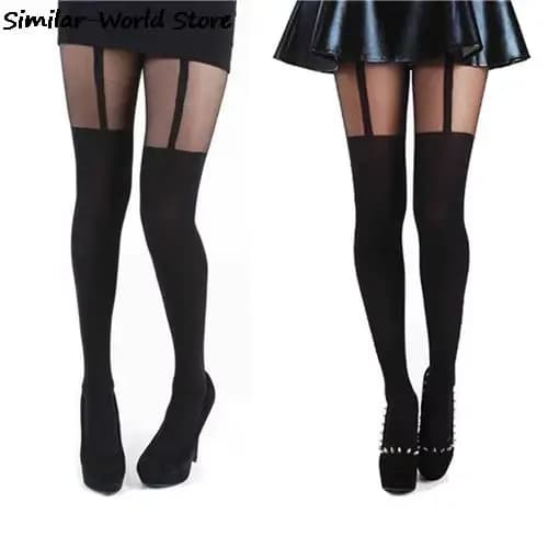 1 paire mode femme Sexy noir faux porte-jarretelles collants sur le genou bonneterie bas taille unique