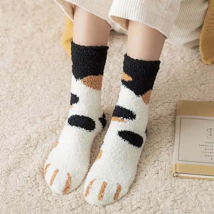 Kawaii dessin animé chaussettes blanches pour femmes mignon 3d chien chat patte motif femme polaire chaud drôle