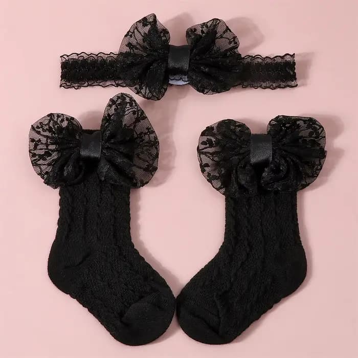 Ensemble de chaussettes pour nouveau-né fille de 3 à 12 mois, bandeau, mignon, respirant, en tricot, avec nœud, robe de princesse, pour fête, mariage, photographie