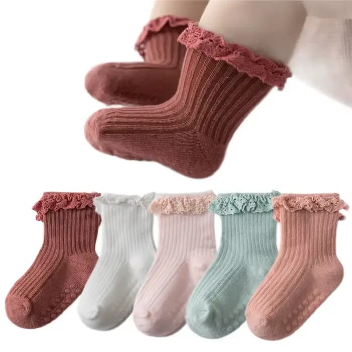 Chaussettes en dentelle douce pour bébés filles, antidérapantes, points adhésifs, couleur unie, en coton, respirantes, chaussettes de sol pour enfants filles