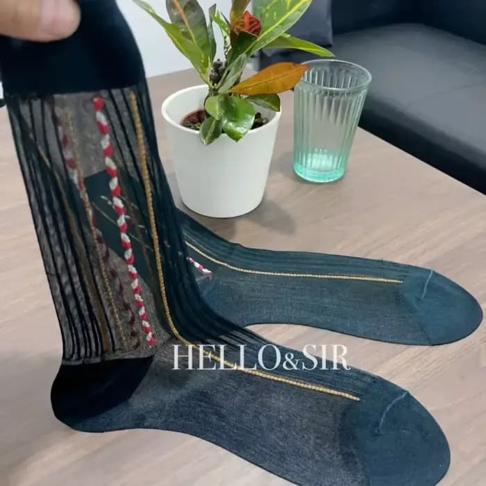 Chaussettes habillées classiques vintage élastiques rayées en nylon pour hommes, chaussettes d'affaires transparentes ajourées mi-mollet pour l'été