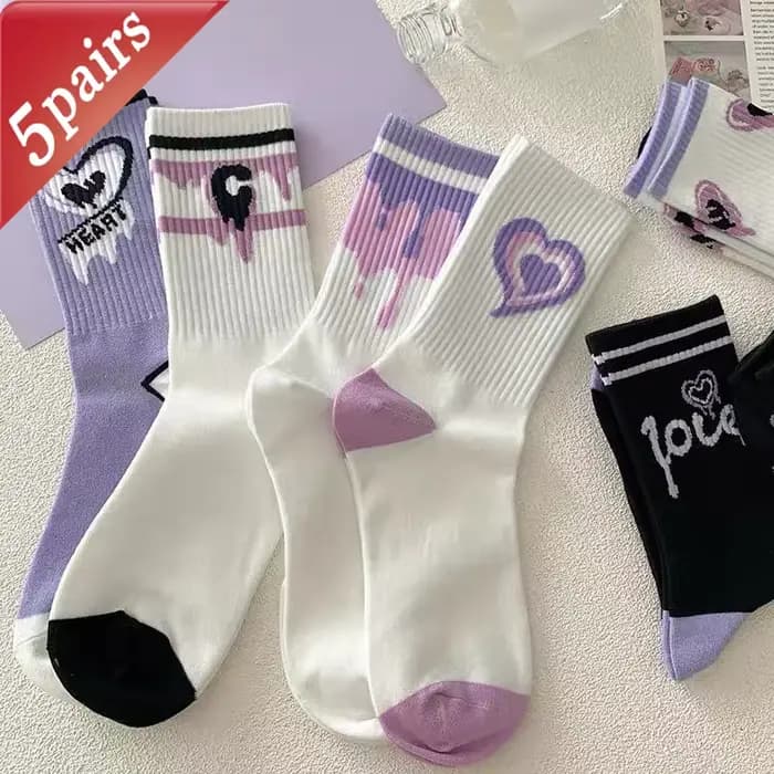 Lot de 5 paires de chaussettes pour femmes, chaussettes de sport confortables et polyvalentes, style Preppy personnalisé, tendance, à la mode, pour filles