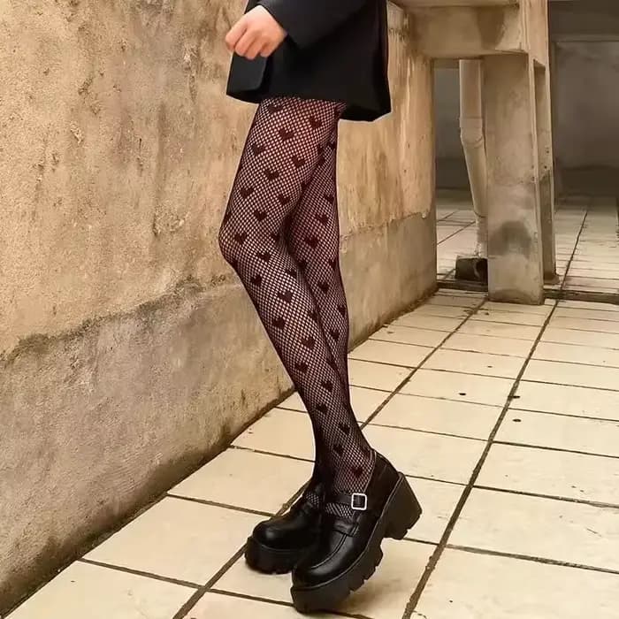 Collants sexy pour femmes, collants à motif cœur, collants en dentelle noire, collants en résille, collants Lolita, collants floraux