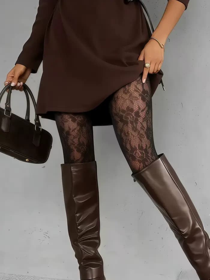 1 paire de collants résille noirs à imprimé tournesol pour femmes