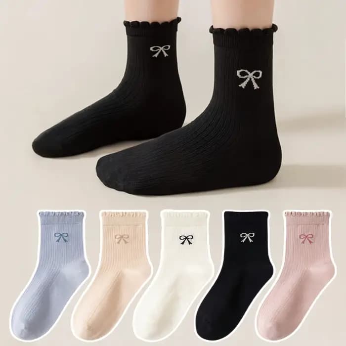 3 paires de chaussettes pour enfants de couleurs mélangées aléatoires avec motifs de nœuds en dentelle pour filles et