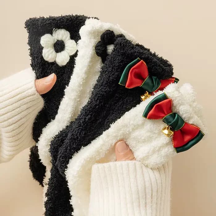 Chaussettes mi-tube en velours pour femmes, chaussettes d'optique mignonnes, chaussettes de couchage pour la maison, nœud de fleur chaud, noir et blanc, lieux d'automne et d'hiver