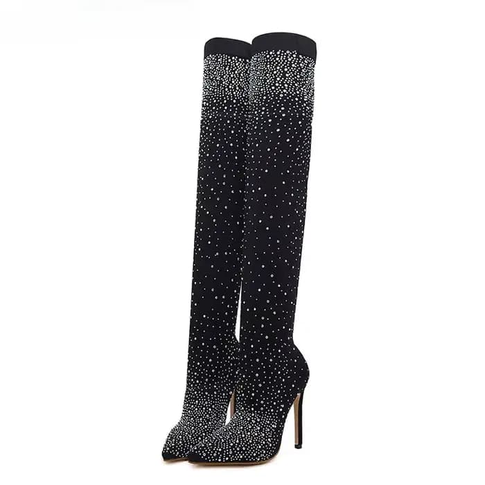 Chaussettes Sexy à talons hauts, bottes au-dessus du genou, bout pointu, strass en cristal, tissu extensible, chaussures de danse sur poteau pour femmes