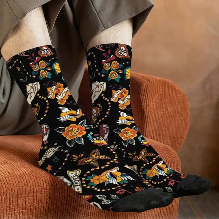Chaussettes pour hommes imprimées à l'inspiration des tatouages rétro américains