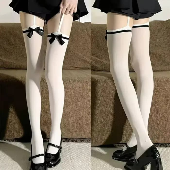 Bas cuissardes noirs sexy à nœud pour femme