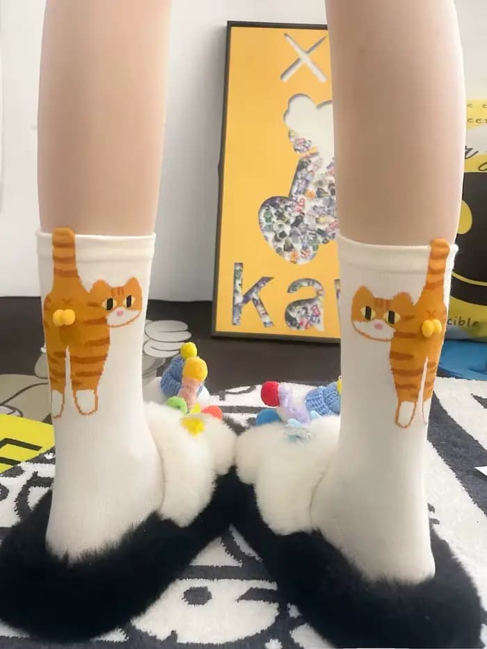 Chaussettes 3D Mignonnes Chat Noir/Blanc, Chaussettes Drôles Chat Respirantes et Douces pour Filles et Femmes, Chaussettes Fantaisie Kawaii, Ensemble Cadeau