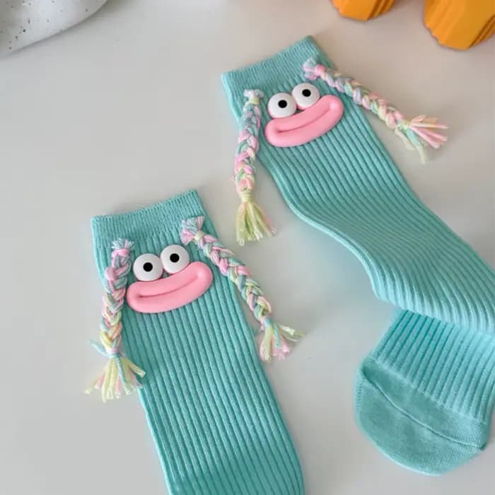 Femme mi-longue Kawaii dessin animé coloré chaussette fille grande bouche tresses drôle coton longues chaussettes