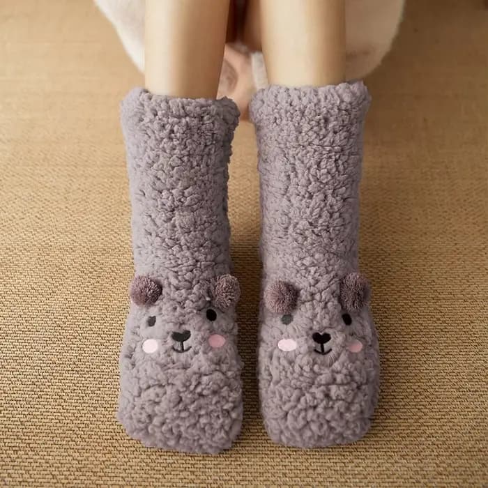 Femmes Kawaii ours chaussettes flou dormir chaud hiver corail polaire maison pantoufles mignon doux moelleux