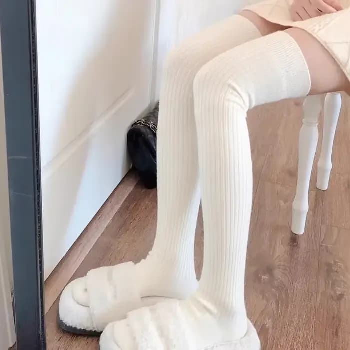 Chaussettes en laine pour femme, couleur unie, cuissardes hautes, Lolita, bas épais et chauds, noir et blanc, longues jambes, automne/hiver