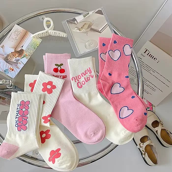 Chaussettes décontractées en coton Harajuku pour femmes et filles, fleur rose, mode, mignon, doux, coréen, japonais, Kawaii