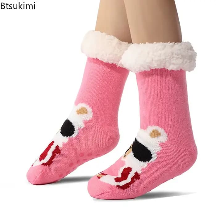 Nouvelles chaussettes pantoufles thermiques douces et chaudes en peluche antidérapantes à rayures pour femmes, collection Noël 2026