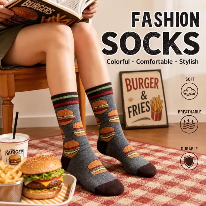 1 paire de chaussettes mi-mollet avec motif burger