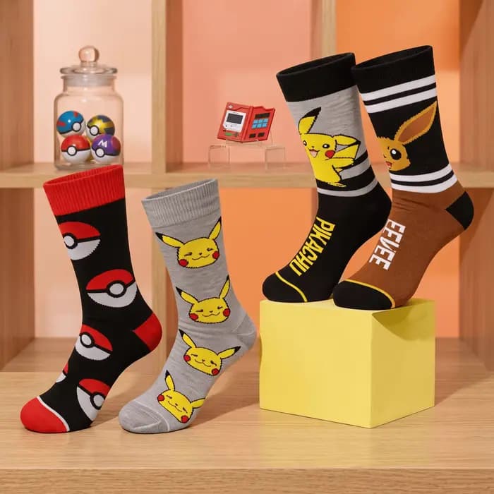 Chaussettes Pokemon en coton respirant pour hommes et femmes, chaussettes de sport décontractées avec figurines de dessin animé Pikachu Gengar Eevee