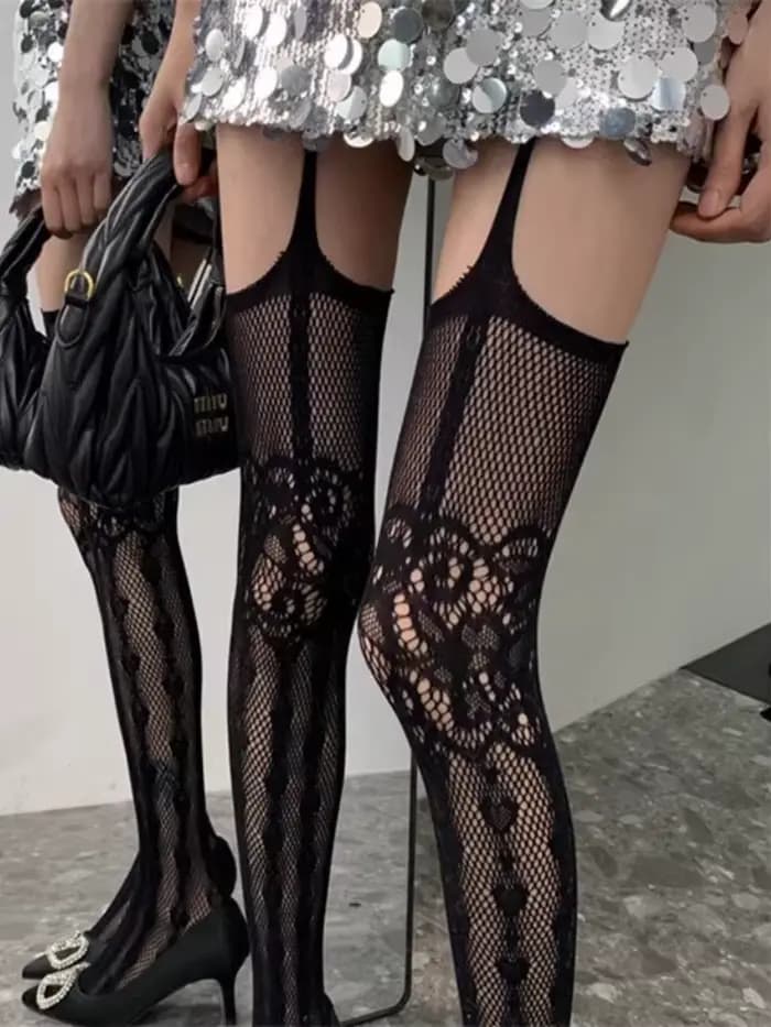 Chaussettes à bretelles en résille en dentelle ajourée pour femmes