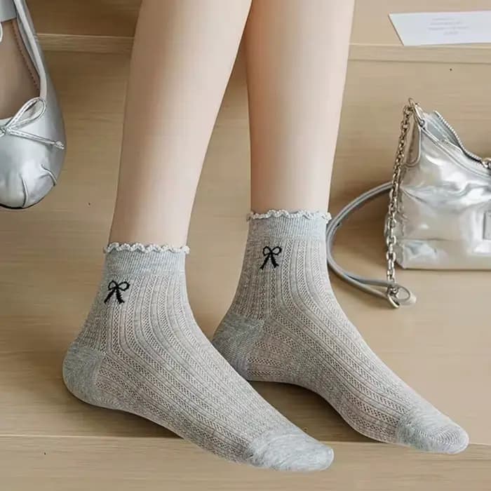 5 paires de chaussettes courtes Lolita en dentelle rose avec nœud pour femmes et filles