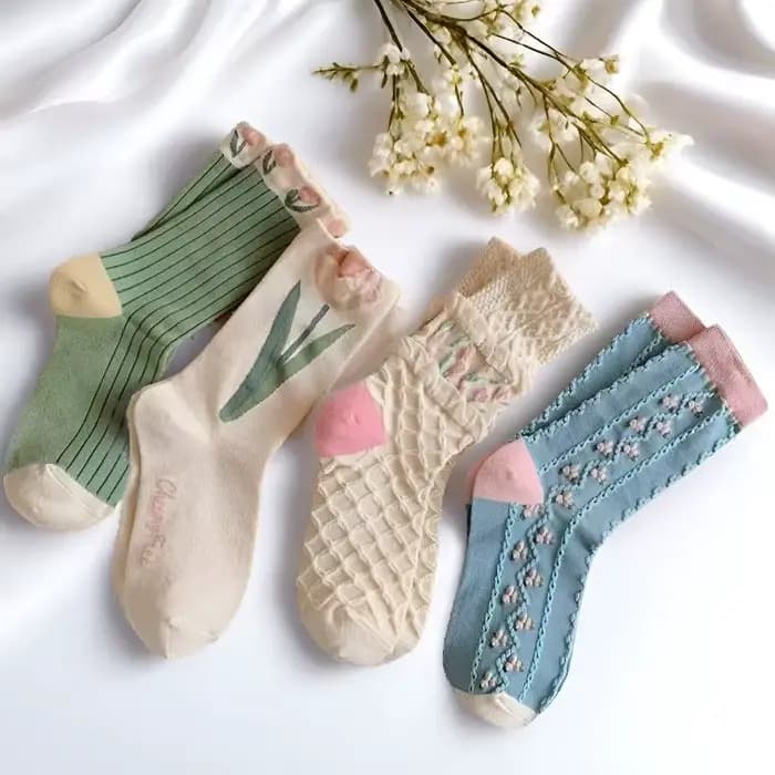 4 paires de chaussettes florales ensemble femmes mignon fleur géométrique 3D texturé cheville Cottagecore