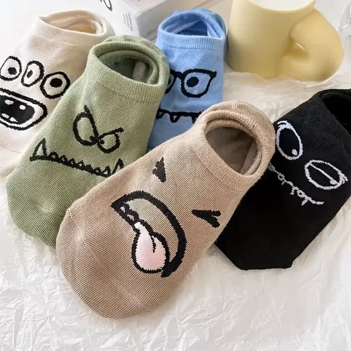 5 paires de chaussettes dessin animé expressions drôles bateau chaussettes femmes printemps et été mince invisible chaussettes mignonnes