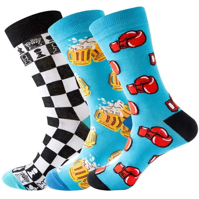 2023 NEW Funny Men Socks Cotton Harajuku Guitar Beer Boxing Gloves Skull Chess Clown Sieve Hip Hop