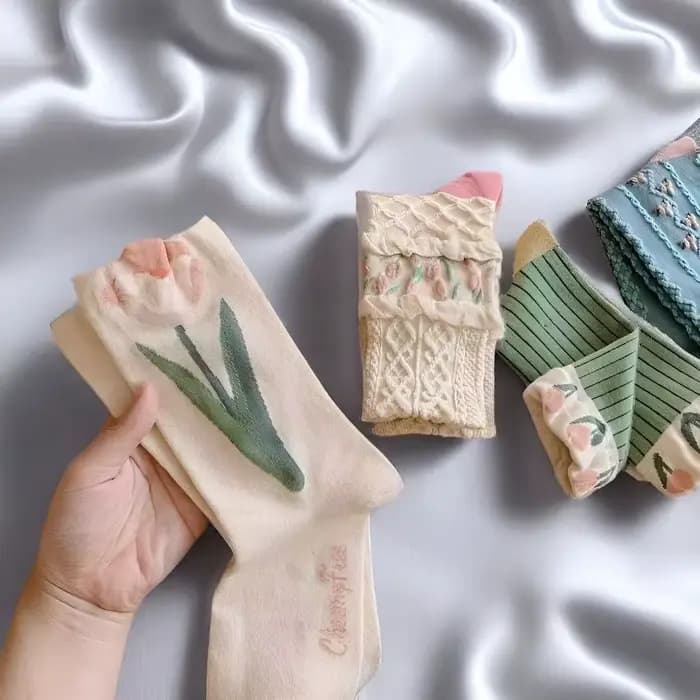 4 paires de chaussettes florales ensemble femmes mignon fleur géométrique 3D texturé cheville Cottagecore