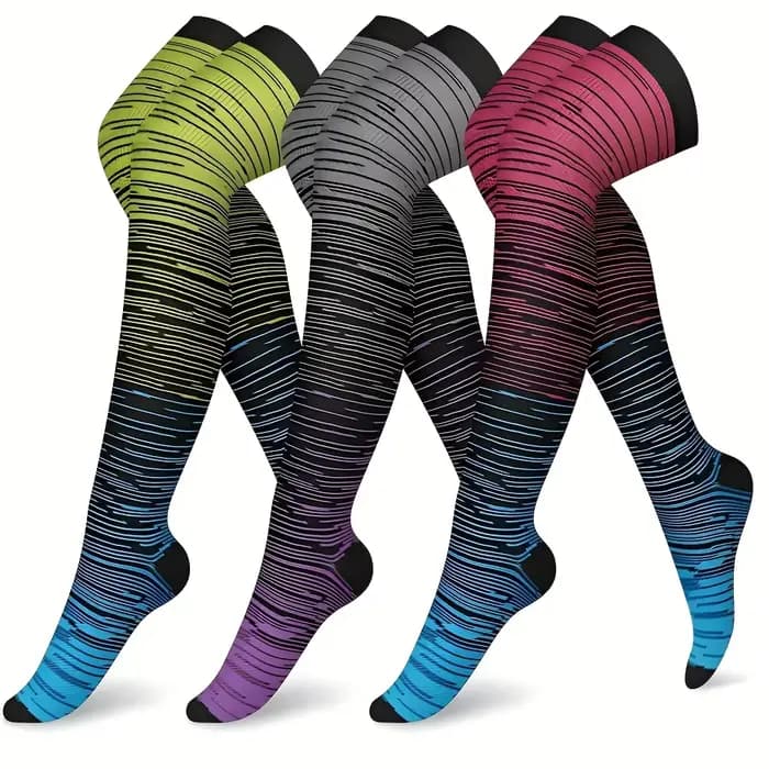 Chaussettes de compression hautes jusqu'à la cuisse, 3 paires, mélange de nylon et de polyester, finition lisse et brillante, ajustement confortable et soutien durable