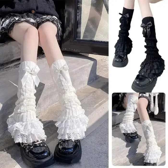 Femmes japonaises tricoté jambières arc à plusieurs niveaux chaussettes à volants fille dentelle Lolita