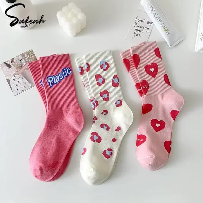 Chaussettes en coton à cœur rose pour femmes, doux, amour, tube moyen, joli, thème rose, décontracté, sport, rue, mignon