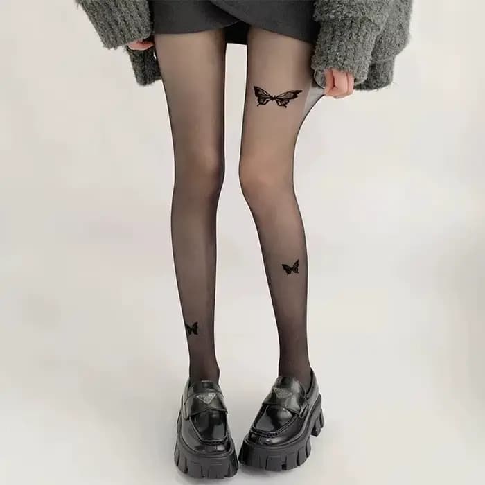 Collants noirs Sexy pour femmes, Vintage Y2K, imprimé papillon, en soie transparente, pour filles, Lolita, bas d'été fins et hauts