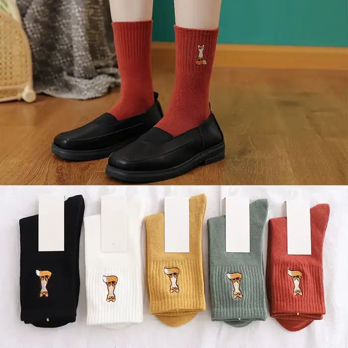 2025 automne hiver femmes chaussettes dessin animé Animal renard broderie mignon chaussette pour femme solide coton