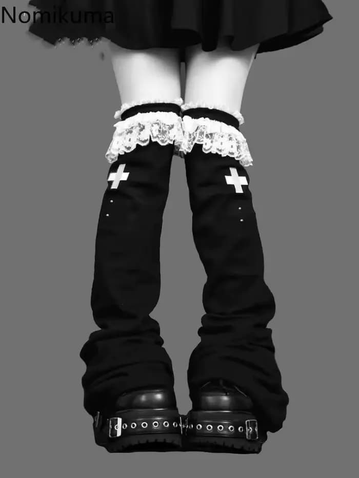 Doux Harajuku femmes Y2k fille dentelle à volants gothique Lolita sur genou haute chaussette Kawaii longues chaussettes couvre-pied Grunge Punk jambières