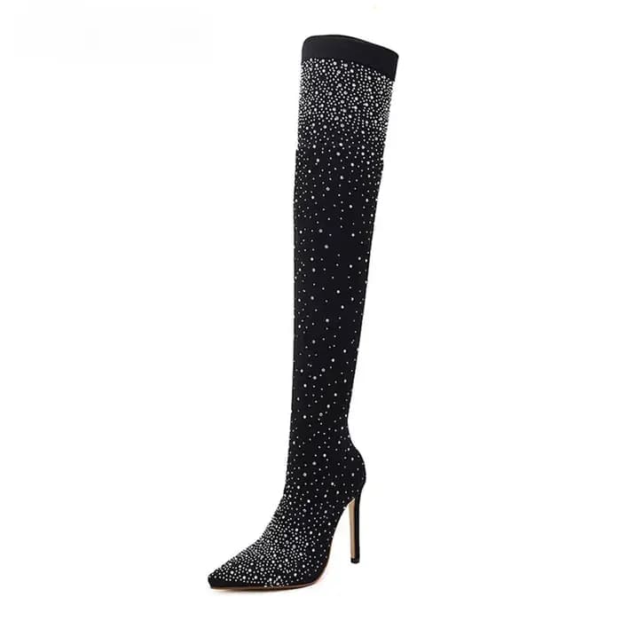 Chaussettes Sexy à talons hauts, bottes au-dessus du genou, bout pointu, strass en cristal, tissu extensible, chaussures de danse sur poteau pour femmes