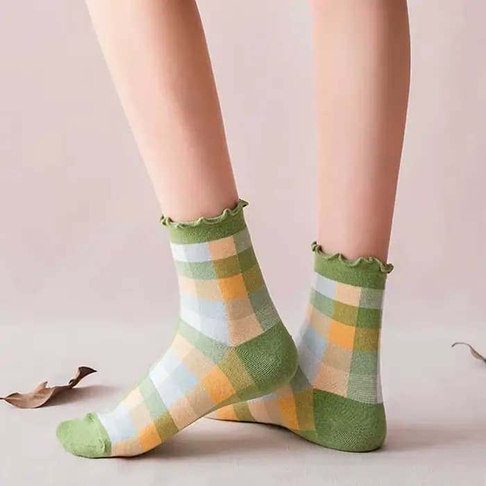 Femmes chaussettes coton Plaid ample court à volants