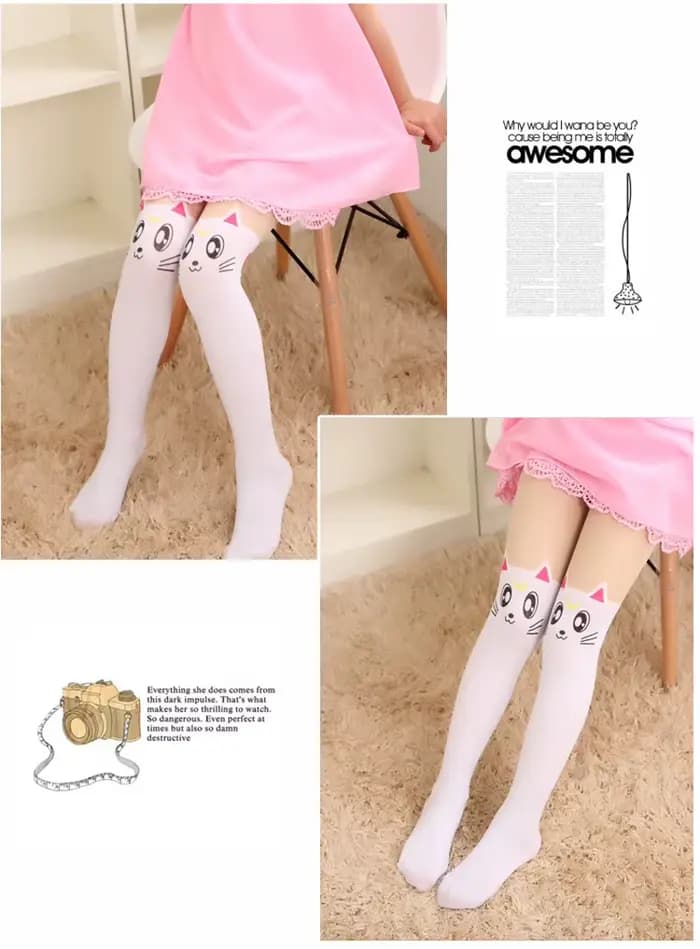Collants d'été fins pour filles, bas en velours, faux tatouage, blanc, dessin animé chat renard, pour enfants