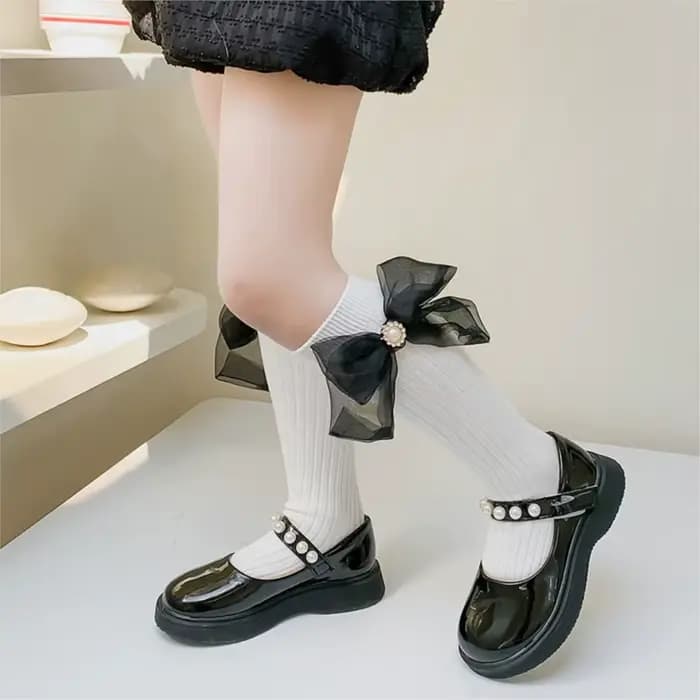 Filles chaussettes perle grand nœud papillon doux princesse mollet chaussette enfants bébé genou haut bas coton peigné sokken enfant en bas âge infantile