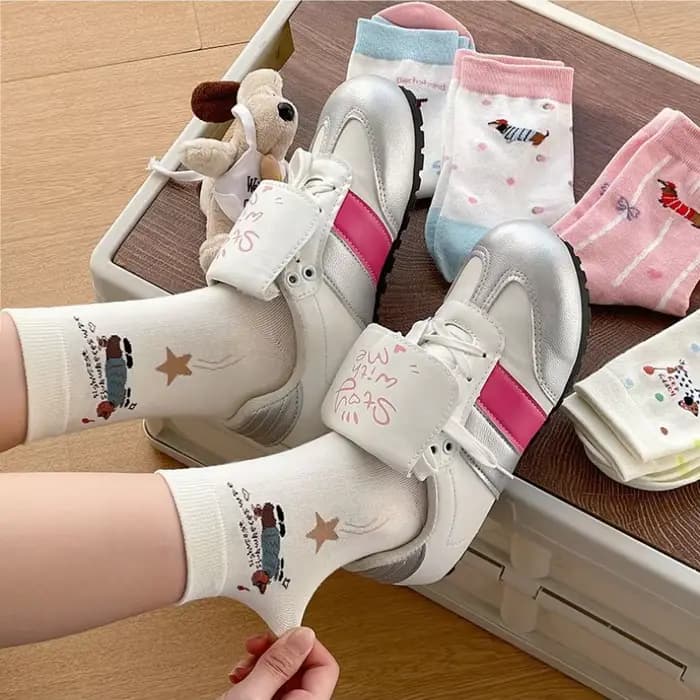 1/3/5 paires dessin animé teckel femmes mi-mollet chaussettes printemps été coton Kawaii mignon équipage chaussettes à la mode nouveauté chaussettes