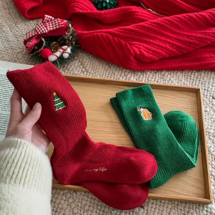 Chaussettes brodées de noël en coton