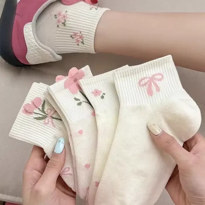 5 paires de chaussettes roses à nœud papillon et fleurs