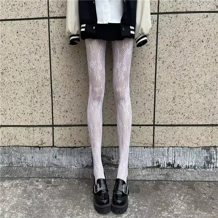 1 paire de collants en résille blanche et noire ajourée, style gothique Lolita, pour cosplay, collants JK pour filles, bas de club, collants résille