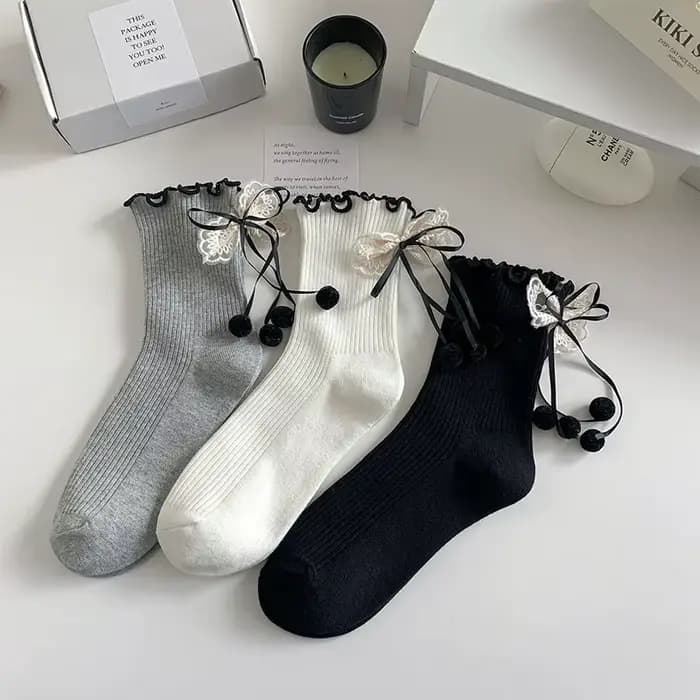 Chaussettes pour femmes respirantes printemps-été, mi-mollet, confortables, style vintage, avec nœud en dentelle, pour jeune fille, simples et tendance, effet bouclette