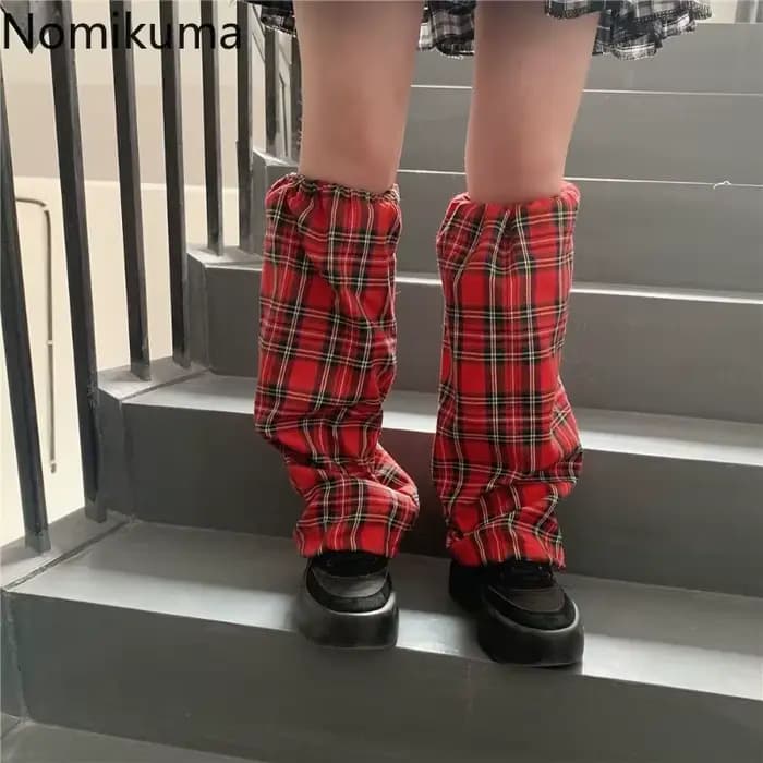 Jambières à carreaux rouges pour femmes, Style Y2K, Patch pour dames, Streetwear, mode, manches de pied, Harajuku, sangle en PU, chaussettes d'été coréennes 2025