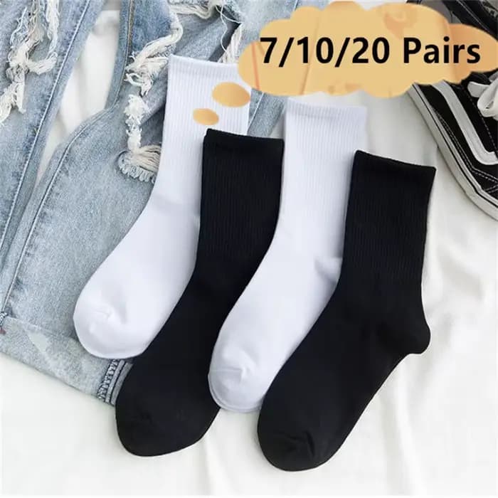 7/10/20 paires blanc noir mi-tube femmes chaussettes femme classique couleur unie à la mode sport décontracté absorbant respirant hommes chaussette