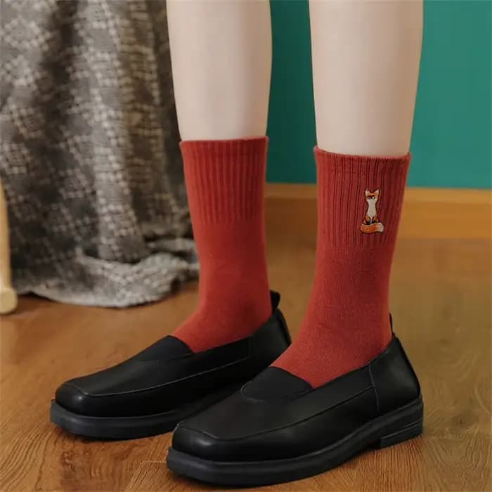 Nouveau mignon broderie renard dessin animé animaux chaussettes drôle