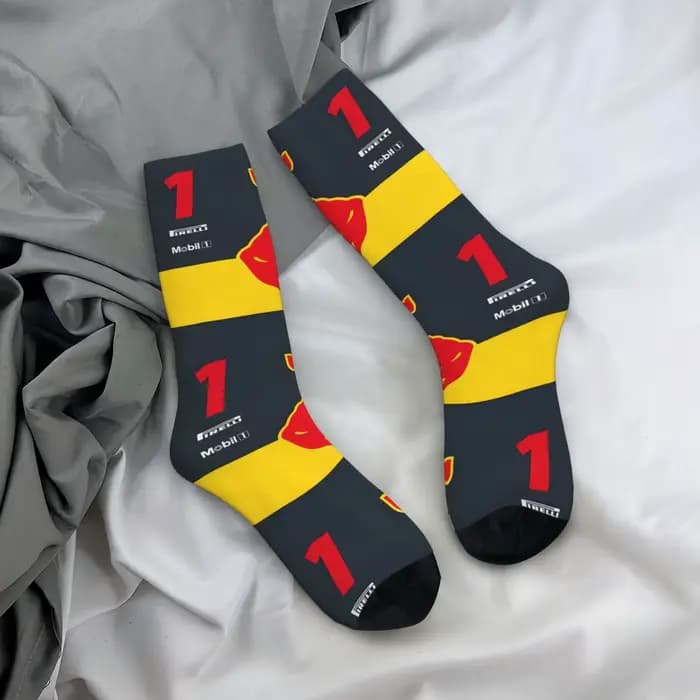 Chaussette folle pour hommes No 1 Champion du monde RB Hip Hop Harajuku F1 Racing Happy motif sans couture imprimé chaussettes de compression pour garçons
